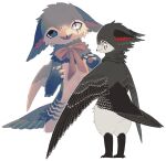  1girl animal_ears beak bird bird_girl bird_legs black_feathers bow bowtie claws colored_sclera feathers full_body furry furry_female green_feathers grey_feathers grey_wings highres jejejunum jeju_(jejejunum) multicolored_feathers open_mouth original pink_bow pink_bowtie scar scar_across_eye scar_on_face smile solo white_feathers winged_arms wings yellow_sclera 