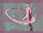 absurd_res anthro balls bullchicken casual_nudity claws digitigrade finger_claws flaccid flower foreskin genitals hi_res lizard male penis pink pink_eyes plant reptile saggy_balls scalie solo