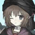  1other ;q androgynous black_cape black_turban blue_background blue_eyes brooch brown_hair cape choker cine_hamal closed_mouth collarbone commentary grey_pupils hair_between_eyes happy iett9302 jewelry kuzu_suzumi len'en looking_at_viewer one_eye_closed orange_shirt other_focus pale_skin purple_scarf scarf shirt short_hair simple_background smile solo tongue tongue_out turban upper_body white_choker wink_heart 