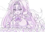  1girl animal_ears blush breasts city commentary_request daiwa_scarlet_(peak_blue)_(umamusume) daiwa_scarlet_(umamusume) destruction epaulettes fang giant giantess hair_intakes hashtag-only_commentary highres horse_ears horse_girl large_breasts long_hair long_sleeves looking_at_viewer lying monochrome on_stomach open_mouth seo_tatsuya skirt solo tiara twintails umamusume very_long_hair 