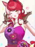  1girl absurdres animal_ears bbreaad black_gloves blush breasts commentary_request dress dress_flower facial_mark falling_petals flower gloves heart heart_facial_mark heart_on_cheek highres horse_ears horse_girl horse_tail jewelry long_hair looking_at_viewer loves_only_you_(umamusume) multicolored_hair necklace one_eye_closed open_mouth petals ponytail purple_dress red_hair single_bare_shoulder single_strap smile solo tail umamusume upper_body yellow_eyes 