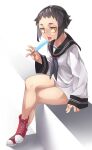  1girl absurdres black_sailor_collar blue_neckwear crossed_legs food highres holding long_sleeves looking_at_viewer neckerchief open_mouth original popsicle red_footwear reiga_(act000) sailor_collar school_uniform serafuku shirt shoes short_hair sitting sneakers solo tongue tongue_out white_shirt yellow_eyes 