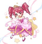  1girl :d ahoge artist_name asa_yuki523 back_bow bare_shoulders blush bow brooch choker commentary detached_sleeves dress dress_ribbon drill_hair earrings fine_(futagohime) fine_(universal_princess)_(futagohime) flower frilled_dress frilled_sleeves frills full_body fushigiboshi_no_futago_hime fushigiboshi_no_futago_hime_gyu gold_choker gold_earrings gold_tiara hair_between_eyes hair_ornament heart heart_brooch highres hime_lolita jewelry layered_dress lolita_fashion long_hair looking_at_viewer magical_girl off-shoulder_dress off_shoulder open_mouth pink_dress pink_flower red_eyes red_hair ribbon sitting smile solo star_(symbol) star_earrings star_hair_ornament star_symbol_background strapless strapless_dress twin_drills twitter_username white_background white_bow white_flower white_ribbon wide_sleeves wrist_flower 