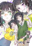  2girls absurdres animal_ears bang_dream! bang_dream!_it's_mygo!!!!! black_hair blue_skirt cat_ears cat_girl cat_tail clenched_teeth dog_ears dog_girl dog_tail green_eyes green_sweater_vest hand_up hero45439083942 highres holding_hands hood hoodie kemonomimi_mode mole mole_under_mouth multiple_girls one_side_up open_mouth original shiina_mirei shirt short_hair siblings sisters skirt sticker sticker_on_face sweater_vest tail teeth watch white_shirt wristwatch yahata_umiri yellow_hoodie 