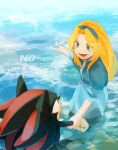  1boy 1girl black_fur blonde_hair blue_dress blue_eyes blue_hairband commentary dress furry furry_male gloves hairband highres holding_another's_arm long_hair looking_at_another lower_teeth_only maria_robotnik red_eyes red_fur shadow_the_hedgehog shaodw22 sleeves_rolled_up sonic_(series) teeth wading water white_gloves 