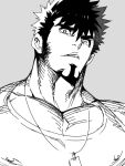  1boy bara covered_nipples dimension_w dog_tags facial_hair goatee greyscale head_tilt large_pectorals long_sideburns mabataki mabuchi_kyoma male_cleavage male_focus mature_male monochrome muscular muscular_male pectorals short_hair sideburns solo stubble thick_eyebrows upper_body 