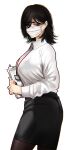  1girl ass black_hair black_nails black_skirt bra_through_clothes breasts brown_legwear clipboard closed_mouth collared_shirt covered_mouth eyeshadow fingernails from_side grey_eyes hair_over_one_eye highres holding holding_clipboard hoshi_san_3 id_card lanyard large_breasts long_sleeves looking_at_viewer makeup mask medium_hair mole mole_under_eye mouth_mask nail_polish office_lady original pantyhose pencil_skirt shirt simple_background skirt solo standing surgical_mask white_background white_mask white_shirt wing_collar 