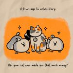 ambiguous_gender calico_cat calico_pattern caroline_quach clothing coin currency_symbol deity domestic_cat english_text exploding_kittens felid feline felis female_(lore) feral happy hat headgear headwear honorary_eternal_stationmaster_tama japanese_yen kepi low_res mammal medallion money money_bag official_art paws sitting solo sparkles symbol text uniform wakayama_electric_railway_co_ltd wearing_hat yen_sign