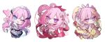  1girl absurdres blue_eyes chibi chibi_only chinese_clothes commando_regiment_(commmander) commentary diamond-shaped_pupils diamond_(shape) elysia_(herrscher_of_human:_ego)_(honkai_impact) elysia_(hi_love_elf)_(honkai_impact) elysia_(honkai_impact) elysia_(lunar_grace)_(honkai_impact) elysia_(miss_pink)_(honkai_impact) elysia_(miss_pink_elf)_(honkai_impact) elysia_(peachy_spring)_(honkai_impact) feixianji_(hairstyle) flower hair_flower hair_ornament hair_rings heart heart_hands highres holding honkai_(series) honkai_impact_3rd hyume_26 long_hair looking_at_viewer maid_headdress multiple_views one_eye_closed open_mouth pink_hair pink_pupils pointy_ears purple_eyes shuangyaji sidelocks simple_background smile symbol-shaped_pupils white_background 