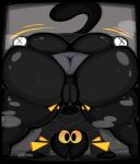 anthro bent_over big_butt black_body black_border black_eyes black_fur border breasts butt cloak clothed clothing domestic_cat felid feline felis female fur genitals google google_doodle grey_anus grey_background grey_cloak grey_clothing hi_res huge_butt looking_at_viewer looking_back looking_back_at_viewer magic_cat_academy mammal momo_(google) no_underwear simple_background solo spread_butt spreading thfooxxir thick_thighs vulva wide_hips yellow_sclera