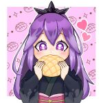  1girl black_kimono border bread eating food heart holding holding_food hyakkihime japanese_clothes kimono long_hair melon_bread outside_border print_background purple_background purple_eyes purple_hair solo upper_body user_agsr2732 white_border youkai_(youkai_watch) youkai_watch 
