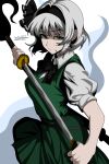  1girl absurdres black_bow black_bowtie black_hairband bow bow_hairband bowtie commentary green_eyes green_skirt green_vest hairband highres holding holding_sword holding_weapon katana kinoshii-shroom konpaku_youmu konpaku_youmu_(ghost) looking_at_viewer puffy_short_sleeves puffy_sleeves shirt short_hair short_sleeves signature skirt solo sword touhou vest weapon white_hair white_shirt 