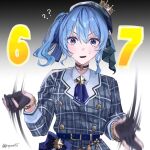  1girl 67_(meme) ? ?? asymmetrical_hair bead_bracelet beads belt beret black_background black_choker black_gloves blue_belt blue_bow blue_eyes blue_hair blue_nails blue_necktie blue_ribbon blush bow bracelet breasts choker collared_shirt commentary confused crown english_commentary gloves gradient_background grey_hat grey_jacket grey_skirt hair_ribbon hat highres hololive hoshimachi_suisei hoshimachi_suisei_(1st_costume) jacket jewelry long_sleeves looking_at_viewer medium_hair meme mini_crown motion_blur motion_lines mushroommoorhs1 nail_polish necktie open_mouth partially_fingerless_gloves plaid_clothes plaid_hat plaid_jacket plaid_skirt ribbon shirt short_necktie side_ponytail simple_background skirt small_breasts solo star_(symbol) star_choker star_in_eye striped_ribbon sweatdrop symbol_in_eye upper_body virtual_youtuber white_background white_shirt wing_collar 