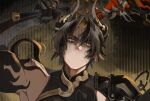  1boy annoyed arknights arm_tattoo arm_up black_hair black_hands black_shirt chongyue_(arknights) colored_extremities dragon_horns earrings eastern_dragon_horns flame_tattoo gulu3138 head_back holding holding_sword holding_weapon horns jewelry low_ponytail no_mouth parted_bangs pointy_ears ponytail portrait shirt short_hair shuo's_husk_(arknights) single_bare_shoulder single_shoulder_pad solo straight-on sword tattoo weapon yellow_eyes 