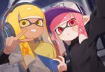  2girls baseball_cap blonde_hair commentary_request dark-skinned_female dark_skin hat headphones highres inkling inkling_girl inkling_player_character long_hair multiple_girls pink_eyes pink_hair print_hat sabata_saba selfie smile splatoon_(series) standing teeth tentacle_hair v yellow_eyes 