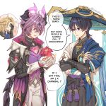  3boys ^^^ albedo_(genshin_impact) animal_print armor belt berry bird_print birthmark black_belt black_bodysuit black_bow black_coat black_gloves black_horns black_shorts black_tail blonde_hair blue_gem blue_hat blue_kimono blue_shirt blue_sleeves blunt_ends bodysuit bow braid bridal_gauntlets bright_pupils chest_jewel closed_mouth coat crossed_arms crossed_bangs diamond-shaped_pupils diamond_(shape) dragon_boy dragon_horns dragon_wings durin_(genshin_impact) english_text eyeliner facepalm facial_mark feathers fingernails food forehead_mark fruit furisode gem genshin_impact glint gloves glowing_gem gold gold_cape grey_bridal_gauntlets hair_between_eyes half_up_braid hand_on_own_arm hand_on_own_face hands_up hat heart-shaped_gem highres holding holding_food holding_fruit horns japanese_armor japanese_clothes jingasa juban kimono kote kurokote layered_sleeves low_wings lower_teeth_only makeup mandarin_collar multicolored_horns multiple_boys nervous_sweating open_clothes open_coat open_kimono open_mouth orange_eyes pants pink_gem pom_pom_(clothes) pun purple_eyes purple_hair purple_horns purple_rope purple_sash purple_vest purple_wings rchella red_eyeliner rope sash scaramouche_(genshin_impact) shirt short_sleeves shorts shoulder_peek side_cape speech_bubble spoken_character sweat symbol-shaped_pupils teeth twitter_username two-tone_horns vest vision_(genshin_impact) wanderer_(genshin_impact) white_background white_gloves white_kimono white_pants white_pupils white_sleeves white_trim wings wispy_bangs yellow_feathers 