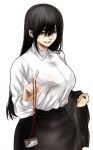  1girl black_hair black_skirt bra_through_clothes breasts closed_mouth collared_shirt cowboy_shot grey_eyes highres holding hoshi_san_3 id_card jacket jacket_removed lanyard large_breasts long_hair long_sleeves looking_at_viewer office_lady original pencil_skirt shirt simple_background skirt smile solo standing white_background white_shirt wing_collar 