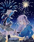  2girls aerial_fireworks brown_hair drum drum_set fireworks from_side grey_hair hair_ornament hairpin heaven_burns_red highres holding holding_microphone instrument izumi_yuki_(heaven_burns_red) kayamori_ruka long_hair microphone multiple_girls music necktie playing_drums playing_instrument school_uniform short_hair uyuki_(ouun) 