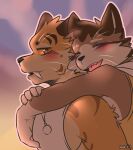 anthro blush brown_body brown_eyes brown_fur carrying_another duo eyes_closed fangs felid feline fur fur_markings hair hi_res male male/male mammal markings multicolored_body multicolored_fur open_mouth orange_body orange_fur romantic romantic_ambiance saku1saya sky sleeveless_shirt smile sunset teeth two_tone_body two_tone_fur yellow_sclera