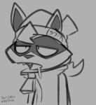 2026 accessory anthro beanie bodily_fluids clothing dazed drooling facial_markings felino front_view hair hair_accessory hairband hat head_markings headgear headwear japanese_text male mammal markings mask_(marking) open_mouth ponytail procyonid raccoon restricted_palette saliva sharp_teeth sketch solo teeth text text_on_clothing text_on_hat text_on_headwear topwear trick_(tricktrashing) vest zipper