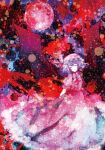  1girl abstract_background ascot bat_wings closed_eyes closed_mouth commentary dress facing_viewer full_moon hat mirimo mob_cap moon pink_dress pink_hat puffy_short_sleeves puffy_sleeves purple_hair red_ascot remilia_scarlet short_hair short_sleeves solo touhou wings 
