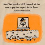 ambiguous_gender bouquet calico_cat calico_pattern cape caroline_quach clothing deity domestic_cat easel english_text exploding_kittens felid feline felis female_(lore) feral flower flower_bouquet funeral hat headgear headwear honorary_eternal_stationmaster_tama kepi low_res mammal medallion official_art photo plant regalia solo text uniform wakayama_electric_railway_co_ltd wearing_cape wearing_hat