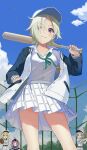  4girls baseball_bat baseball_uniform blue_sky cloud cloudy_sky collared_shirt dress_shirt from_below green_neckwear highres long_sleeves love_live! love_live!_nijigasaki_high_school_idol_club love_live!_school_idol_festival_all_stars mia_taylor miyashita_ai multiple_girls neck_ribbon nijigasaki_academy_uniform plaid plaid_skirt pleated_skirt rassie_s ribbon shirt skirt sky solo_focus sportswear summer_uniform tennouji_rina white_shirt white_skirt zhong_lanzhu 