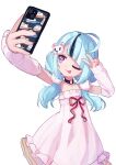 1girl ahoge blue_hair cellphone commentary commission dress highres holding holding_phone indie_virtual_youtuber kiirokuma low_twintails multicolored_hair one_eye_closed phone selfie solo streaked_hair tongue tongue_out twintails v virtual_youtuber white_background zenya_hima 