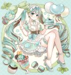  1girl :q apron aqua_background aqua_bow aqua_dress aqua_eyes aqua_hair aqua_shoes argyle_background balloon block_heels bloomers blueberry blush bow bow_earrings breasts brown_corset brown_streaks cake center_frills cherry chinstrap chocolate closed_mouth collar collarbone commentary_request corset cupcake double-parted_bangs dress drill_hair earrings food fork frilled_apron frilled_collar frilled_thigh_strap frills fruit full_body green_ribbon hair_ornament hands_up hatsune_miku headdress heart_balloon highres holding holding_fork holding_plate ice_cream invisible_chair jewelry knees_together_feet_apart knees_up leaf_hair_ornament long_hair looking_at_viewer macaron miku_day mint_chocolate multicolored_hair orange_(fruit) petticoat plate puffy_short_sleeves puffy_sleeves ribbon ribbon_border shoes short_sleeves sitting small_breasts smile solo spring_onion square_neckline streaked_hair sundae tententuyu thigh_strap tongue tongue_out twin_drills twintails two-tone_hair very_long_hair vocaloid waist_bow white_apron white_bloomers white_collar 
