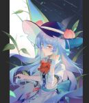  1girl absurdres apron bandaged_arm bandages black_hat blue_hair chinese_commentary closed_mouth commentary_request fruit_hat_ornament hat hat_ornament highres hinanawi_tenshi katana leaf_hat_ornament long_hair peach_hat_ornament pillarboxed plant puffy_short_sleeves puffy_sleeves red_eyes sheath sheathed shirt short_sleeves solo sword tiantiantiantaozi touhou very_long_hair waist_apron weapon white_apron white_shirt 