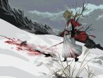  1boy after_battle black_shoes blonde_hair blood_on_snow cloud cloudy_sky commentary_request covered_eyes curly_hair english_commentary from_side full_body grey_sky highres holding holding_sword holding_weapon ichimonji_norimune jacket katana long_hair looking_down male_focus mountain pants red_sash red_shirt sash shirt shoes sky snow solo sword touken_ranbu tree unsheathed urokoemooon weapon weeds white_jacket white_pants wide_shot wind 