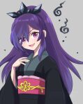  1girl black_kimono commentary_request grey_background hyakkihime japanese_clothes kimono kirara_(hitominak3) long_hair looking_at_viewer open_mouth purple_eyes purple_hair simple_background solo youkai_(youkai_watch) youkai_watch 