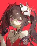  1girl absurdres bare_shoulders bell black_choker brown_hair choker circle_facial_mark commentary_request diamond_(shape) diamond_facial_mark dress facial_mark flower_tattoo fox_mask gloves highres honkai:_star_rail honkai_(series) long_hair looking_at_viewer mark_under_both_eyes mask mask_on_head neck_bell pink_eyes red_background red_dress simple_background single_glove smile solo sparkle_(honkai:_star_rail) tattoo twintails upper_body yorucha_(yoruchaaa) 