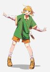  1girl :d bag blonde_hair blunt_bangs blush boots braid brown_boots commentary_request full_body hair_ribbon handbag highres legs_apart long_sleeves mukai_aoi_(shinobigoto) orange_shorts outline outstretched_arms polka_dot polka_dot_shirt red_ribbon ribbon shinobigoto shirt short_hair shorts simple_background smile socks solo spread_arms standing twin_braids undershirt user_pwna4457 white_background white_outline white_socks yellow_eyes 