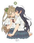  2girls :o ^^^ ahoge antenna_hair arched_bangs black_hair blonde_hair blue_bow blue_bowtie blue_skirt blush bow bowtie clenched_hands closed_eyes commentary english_text from_behind green_bow hair_bow highres kiss kissing_cheek long_hair love_live! love_live!_school_idol_project messy_hair minami_kotori minamip mixed-language_text multiple_girls nose_blush one_side_up open_mouth plaid_bow plaid_bowtie plaid_clothes pleated_skirt red_bow red_bowtie romaji_text shirt short_sleeves simple_background skirt sonoda_umi surprise_kiss surprised sweatdrop translation_request upper_body v-shaped_eyebrows very_long_hair white_background white_shirt yellow_eyes yuri 