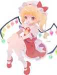  1girl absurdres artist_name ascot blonde_hair collared_shirt commentary_request crystal_wings flandre_scarlet frilled_skirt frilled_sleeves frilled_socks frills full_body hand_rest hat highres knees_up looking_at_viewer mary_janes medium_hair misakiii mob_cap one_side_up open_mouth pointy_ears puffy_short_sleeves puffy_sleeves red_eyes red_shoes red_skirt red_vest shirt shoes short_sleeves simple_background sitting skirt skirt_set socks solo touhou vest white_background white_hat white_shirt white_socks wings yellow_ascot 