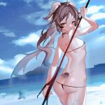  1boy 1girl :o animal_ears arknights arm_up ass back bare_arms bare_shoulders bikini black_bikini blue_sky breasts brown_hair cloud cowboy_shot day doctor_(arknights) eyjafjalla_(arknights) from_behind goat_ears goat_girl goat_horns goat_tail hei_yksk highres holding holding_staff horns long_hair looking_at_viewer looking_back micro_bikini motion_lines mountainous_horizon ocean open_mouth outdoors red_eyes skindentation sky small_breasts solo_focus staff swimsuit very_long_hair 