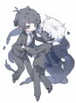  2boys absurdres akinashi_haru arm_at_side black_jacket black_pants black_shoes black_suit blue_eyes colored_skin commentary_request dual_persona formal_clothes full_body grey_skin hand_on_another's_shoulder heart highres holding_hands jacket korean_commentary legs_apart looking_at_another male_focus multiple_boys multiple_tails oo_ttdtrw pants saihate_eki see-through_tentacles shoes simple_background suit suit_jacket tail tentacle_boy tentacle_tail white_background white_hair 