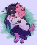 2024 accessory anthro black_body black_fur black_hair black_tail blush blush_lines bow_tie canid canine canis cat_tail clothing cuddling domestic_cat domestic_dog duo eye_contact felid feline felis female female/female fluffy fur grass hair hair_accessory hairband hi_res homura_akemi hug hugging_another looking_at_another love lying lying_on_another madoka_kaname mahou_shoujo_madoka_magica mammal nessiemooo on_back on_grass on_ground pawpads pigtails pink_body pink_fur pink_hair plant puella_magi purple_eyes school_uniform short_tail signature simple_background tail tail_hug tail_motion tailwag uniform white_background