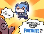  1girl 1other black_gloves blue_hair chibi english_text fortnite gloves grey_hat hashtag-only_commentary hat hololive hoshimachi_suisei hoshimachi_suisei_(1st_costume) keenbiscuit long_hair plaid_clothes plaid_hat side_ponytail virtual_youtuber 