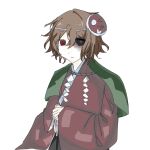  1other aivjiadeshimingzhe ametsukana_yago androgynous brown_hair burn_scar capelet chinese_commentary closed_mouth commentary_request dot_nose eye_socket green_capelet hair_between_eyes highres japanese_clothes kimono len'en light_frown long_sleeves looking_at_viewer mask mask_on_head mismatched_pupils noh_mask other_focus patch red_eyes red_kimono rope scar scar_on_face shide shimenawa short_hair simple_background sleeves_past_wrists solo upper_body white_background wide_sleeves yellow_pupils 