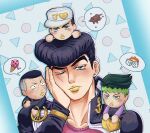  4boys blush character_doll commentary diamond_wa_kudakenai dice doll english_commentary eyelashes fire food gakuran hat headband higashikata_josuke highres ice_cream jojo_no_kimyou_na_bouken lipstick makeup mouse_(animal) multiple_boys nijimura_okuyasu one_eye_closed peace_symbol rimmybone scar scar_on_face school_uniform smile speech_bubble spoken_food spoken_object stuffed_toy upper_body yellow_lips 