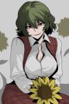  1girl absurdres breasts cleavage commentary flower green_hair highres kazami_yuuka kinoshii-shroom looking_at_viewer medium_hair partially_unbuttoned plaid_clothes plaid_skirt plaid_vest red_eyes red_skirt red_vest shirt sitting skirt solo sunflower touhou vest white_shirt 