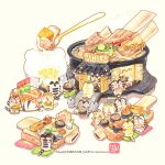  animal blush breath_weapon breathing_fire chibi chibi_only chopped_spring_onion commentary_request copyright_notice cushion drooling eating fire food heart holding holding_tongs holding_tray korean_commentary meat napkin_holder no_humans on_cushion original oversized_food oversized_object oversized_spoon rice sign squeeze_bottle sweatdrop talbi tiger tongs tray watermark 