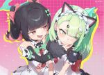  2girls :d animal_ear_hairband animal_ears backpack bag black_hair blunt_bangs bow cat_ear_hairband cat_ears closed_mouth clothing_cutout commentary detached_sleeves fake_animal_ears fang green_bow green_eyes green_hair green_halo hair_bow hair_ornament hairband halo heart heart_hair_ornament highres long_sleeves maid maid_headdress multiple_girls nangong_yu navel navel_cutout official_alternate_costume one_side_up open_mouth pink_hair puffy_short_sleeves puffy_sleeves randoseru red_bag red_eyes short_sleeves skin_fang smile sunna_(afternoon_tea_break)_(zenless_zone_zero) sunna_(zenless_zone_zero) tears yukiho_(69865456) zenless_zone_zero 