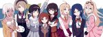  6+girls :d absurdres ahoge akamatsu_kaede alternate_breast_size antenna_hair arm_up bangs bare_shoulders black_gloves black_hair blonde_hair blue_eyes blue_hair breasts brown_eyes brown_hair brown_jacket brown_vest chabashira_tenko collarbone commentary danganronpa_(series) danganronpa_v3:_killing_harmony dark-skinned_female dark_skin dress ganguro glasses gloves goggles goggles_on_head green_eyes hair_ornament hair_over_one_eye hair_ribbon hair_scrunchie hairband hairclip harukawa_maki highres holding_palette iruma_miu jacket jewelry layered_skirt long_hair long_sleeves looking_at_viewer low_twintails maid_headdress multiple_girls musical_note_hair_ornament necktie nk_(dzzx8334) no_hat no_headwear open_mouth pinafore_dress pleated_skirt red_eyes red_scrunchie red_shirt ribbon school_uniform scrunchie serafuku shirogane_tsumugi shirt short_hair simple_background skirt smile sweater_vest toujou_kirumi twintails v vest yonaga_angie yumeno_himiko 