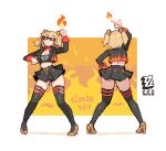  1girl :d arm_up artist_name ass belt belt_buckle black-framed_eyewear black_belt black_jacket black_shirt black_skirt black_thighhighs blonde_hair breasts buckle burnice_white cleavage clenched_hands commentary copyright_logo covered_eyes crop_top dancing english_commentary facing_away fiery_background finger_gun fire flame_print from_behind grin hair_ornament hand_on_own_hip hand_up high_heels highres jacket legs_apart logo long_sleeves medium_breasts midriff miniskirt multiple_views open_clothes open_jacket orange_background pixel_art pleated_skirt print_jacket pumps red-tinted_eyewear red_belt red_shirt shirt shoes short_hair sim0n404 skirt smile standing sunglasses thigh_belt thigh_strap thighhighs tinted_eyewear twintails two-tone_background two-tone_shirt white_background yellow_shoes zenless_zone_zero zettai_ryouiki 