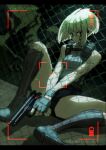  1girl beretta_92 black_boots black_shorts blonde_hair boots breasts chain-link_fence commentary cyborg earpiece english_commentary english_text fence fingerless_gloves gloves gun handgun highres holding holding_gun holding_weapon maddy_kenyon monster original short_shorts shorts sitting sleeveless sleeveless_sweater solo sweater turtleneck turtleneck_sweater viewfinder weapon 