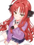  >:( 1girl ahoge black_necktie black_ribbon black_skirt blush braid cardigan casual closed_mouth collared_shirt commentary dracu-riot! dutch_angle frown hair_intakes hair_ribbon hand_up highres holding holding_own_hair knees_out_of_frame long_hair looking_at_viewer miniskirt necktie no_shoes official_alternate_costume pleated_skirt purple_cardigan red_hair ribbon shirt sidelocks simple_background single_braid sitting skirt sleeves_past_wrists solo thighhighs upturned_eyes v-shaped_eyebrows very_long_hair wariza white_background white_shirt white_thighhighs yarai_miu yellow_eyes yokoshima_akunusu zettai_ryouiki 