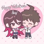  1boy 1girl anami_saki blush brown_hair chibi chibi_only commentary danganronpa_(series) danganronpa_2:_goodbye_despair eggydgrp english_commentary english_text happy_valentine heart hetero highres hinata_hajime holding_hands original pink_hair valentine 